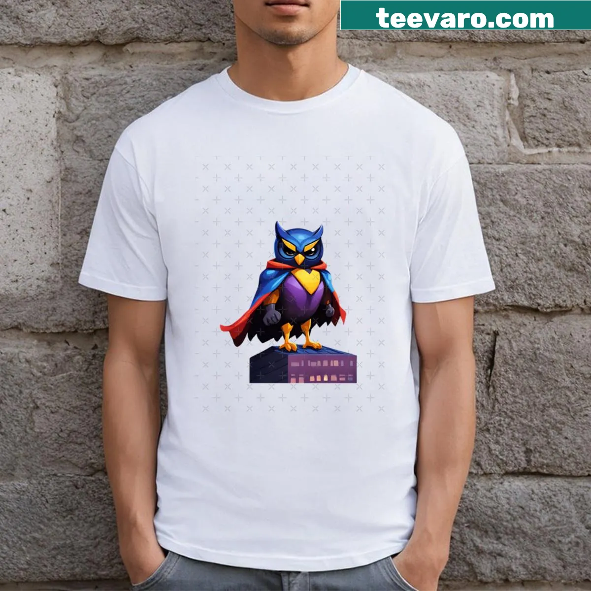 Cartoon superhero bat owl graphic on T-shirt — on a men's t-shirt