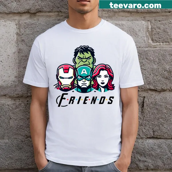 Comic-style graphic featuring superhero friends on a T-shirt