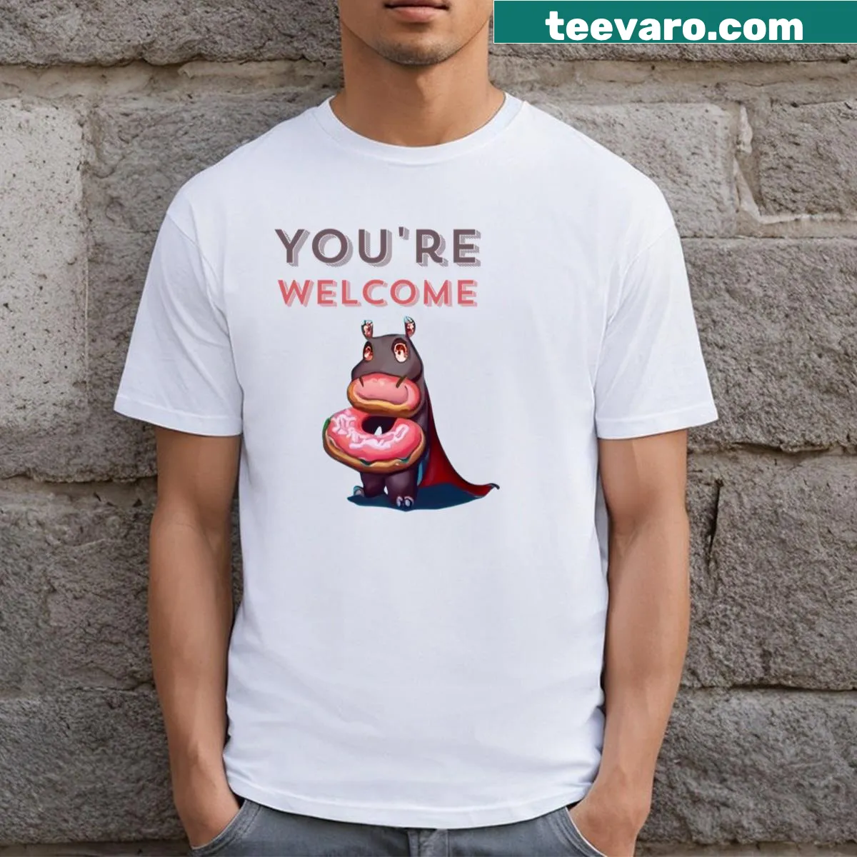 Cartoon superhero hippo graphic on a classic t-shirt — on a men's t-shirt