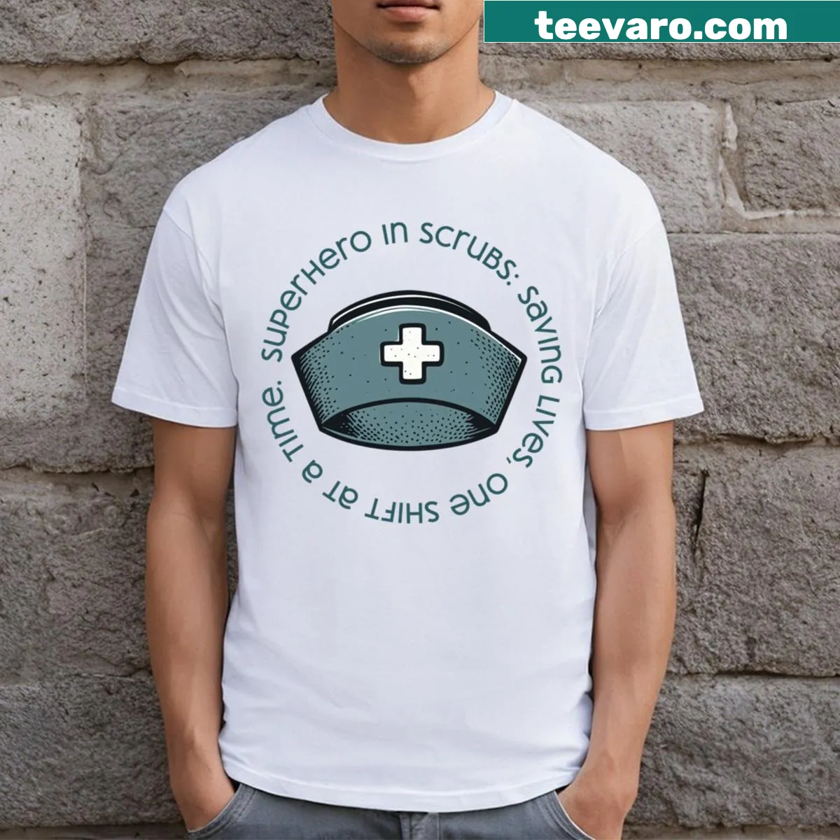 Illustration of a superhero nurse in scrubs with a hat on a t-shirt — on a men's t-shirt