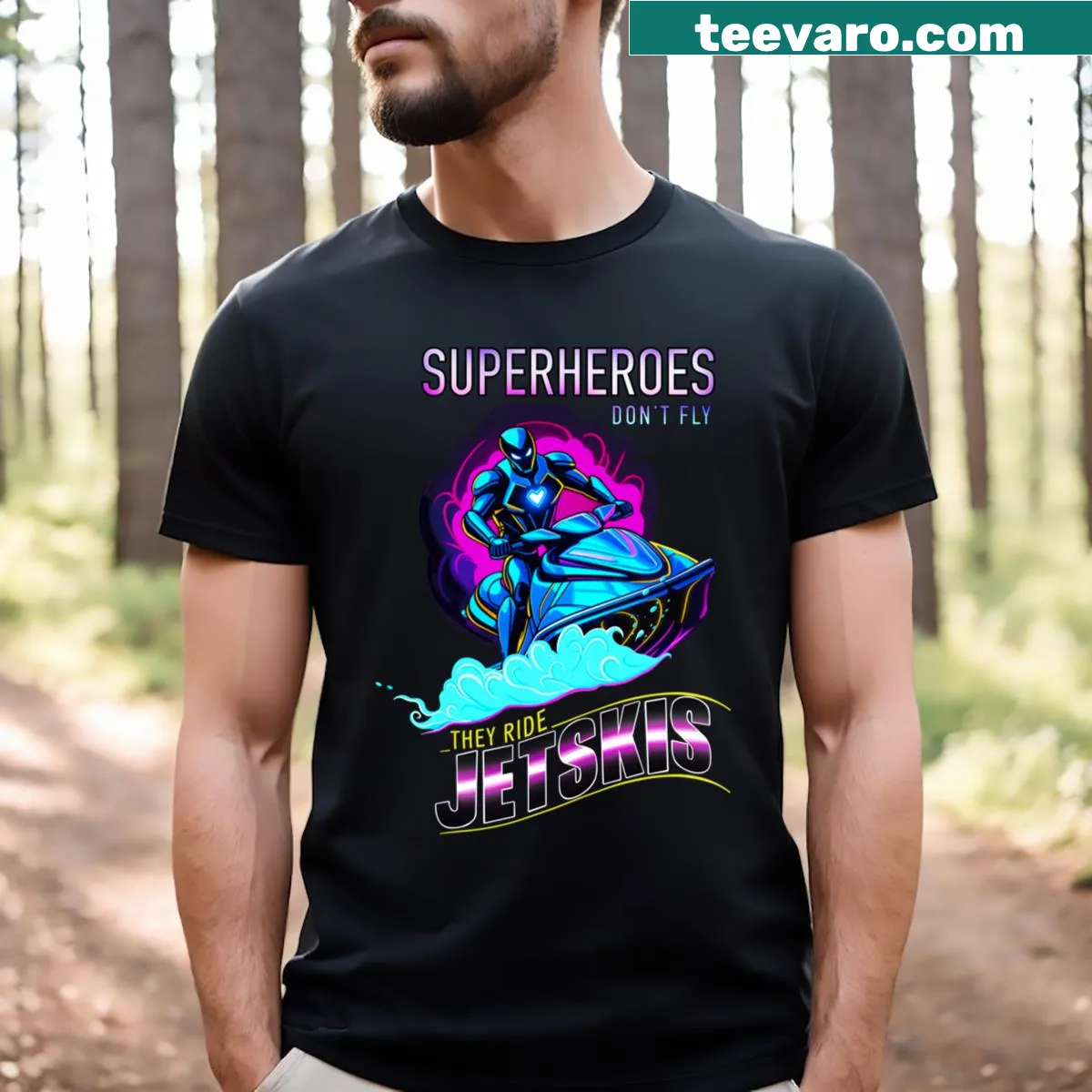 Dynamic graphic of superheroes on jetskis on a T-shirt — on a men's t-shirt