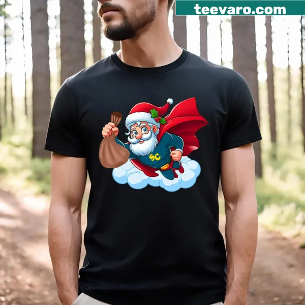 Graphic of Superhero Santa with gifts on a T-shirt