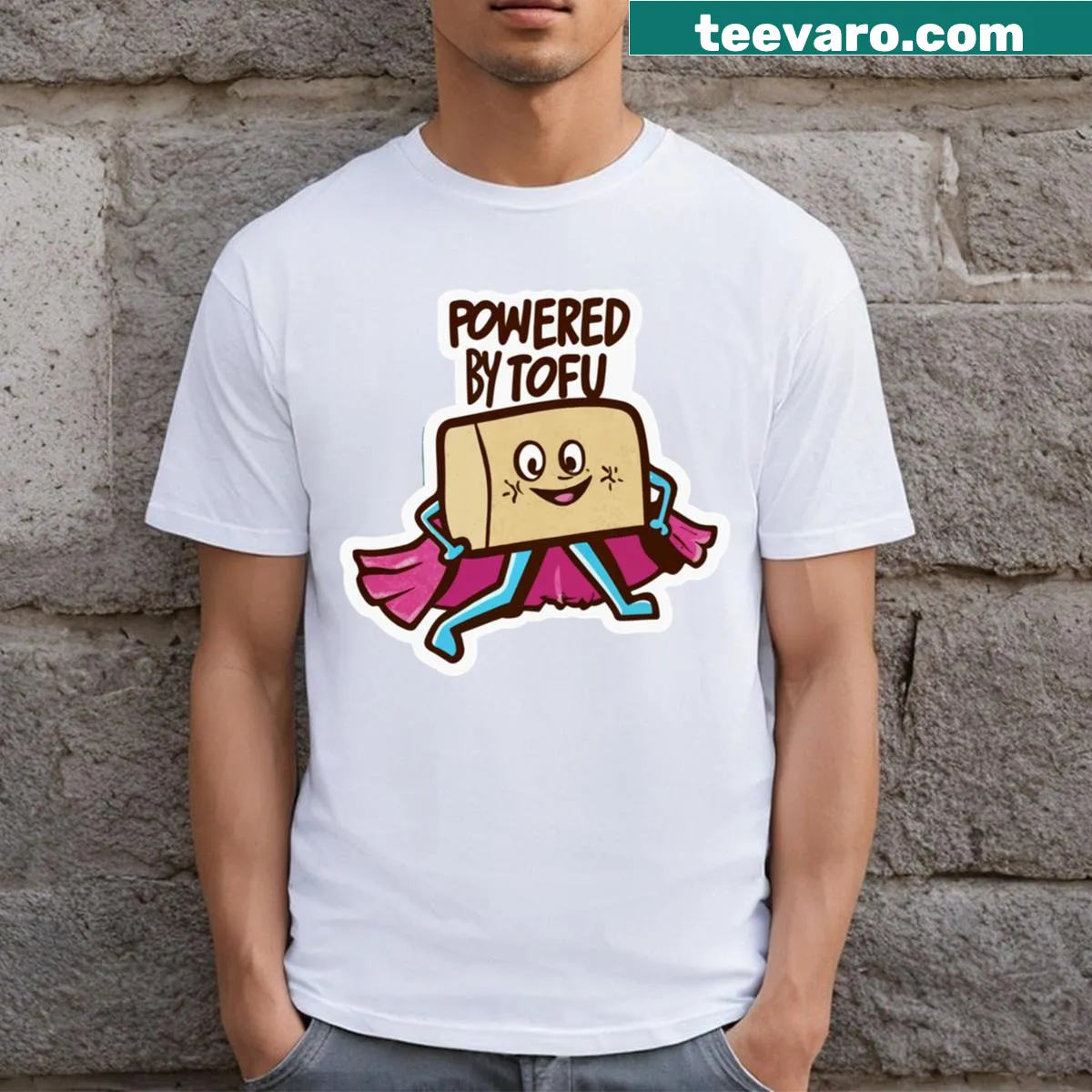 Cartoon superhero tofu character on a kid's T-shirt — on a men's t-shirt