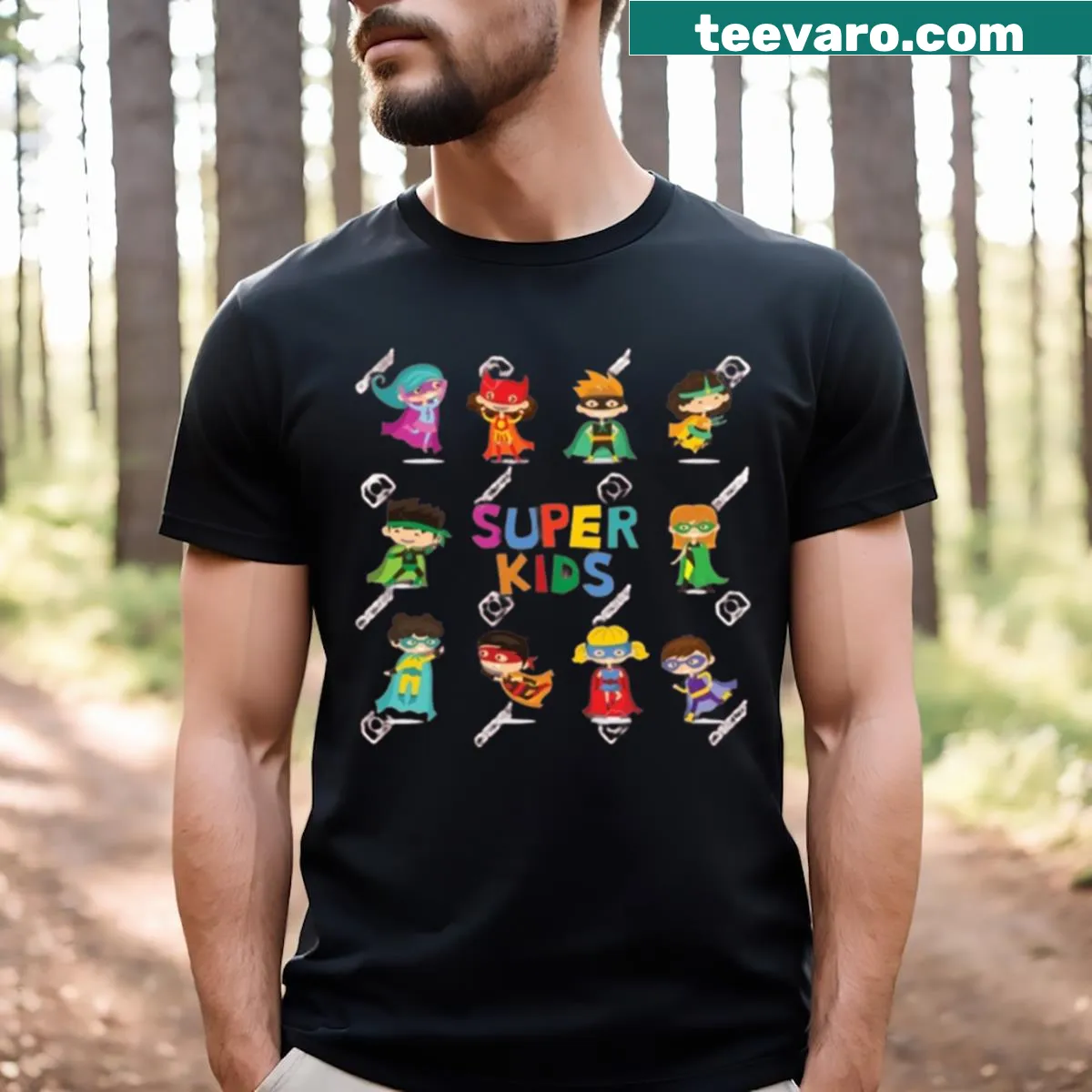 Illustrative superhero scene graphic on a kid's T-shirt — on a men's t-shirt