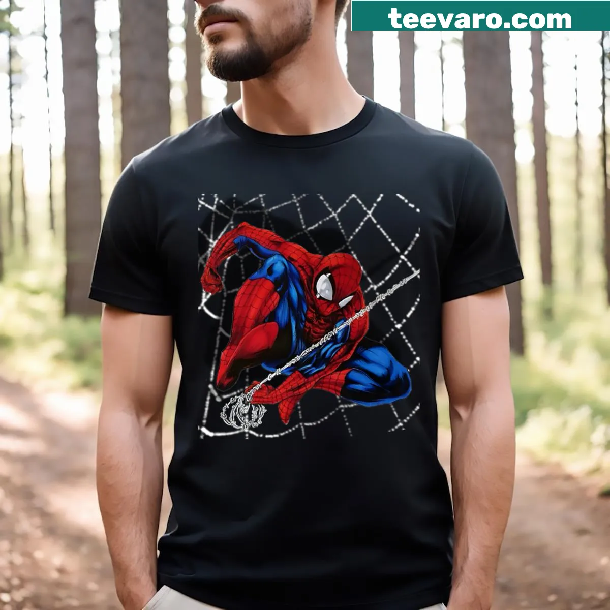 Edgy graphic T-shirt featuring the phrase Swing Into Action But Webbier — on a men's t-shirt