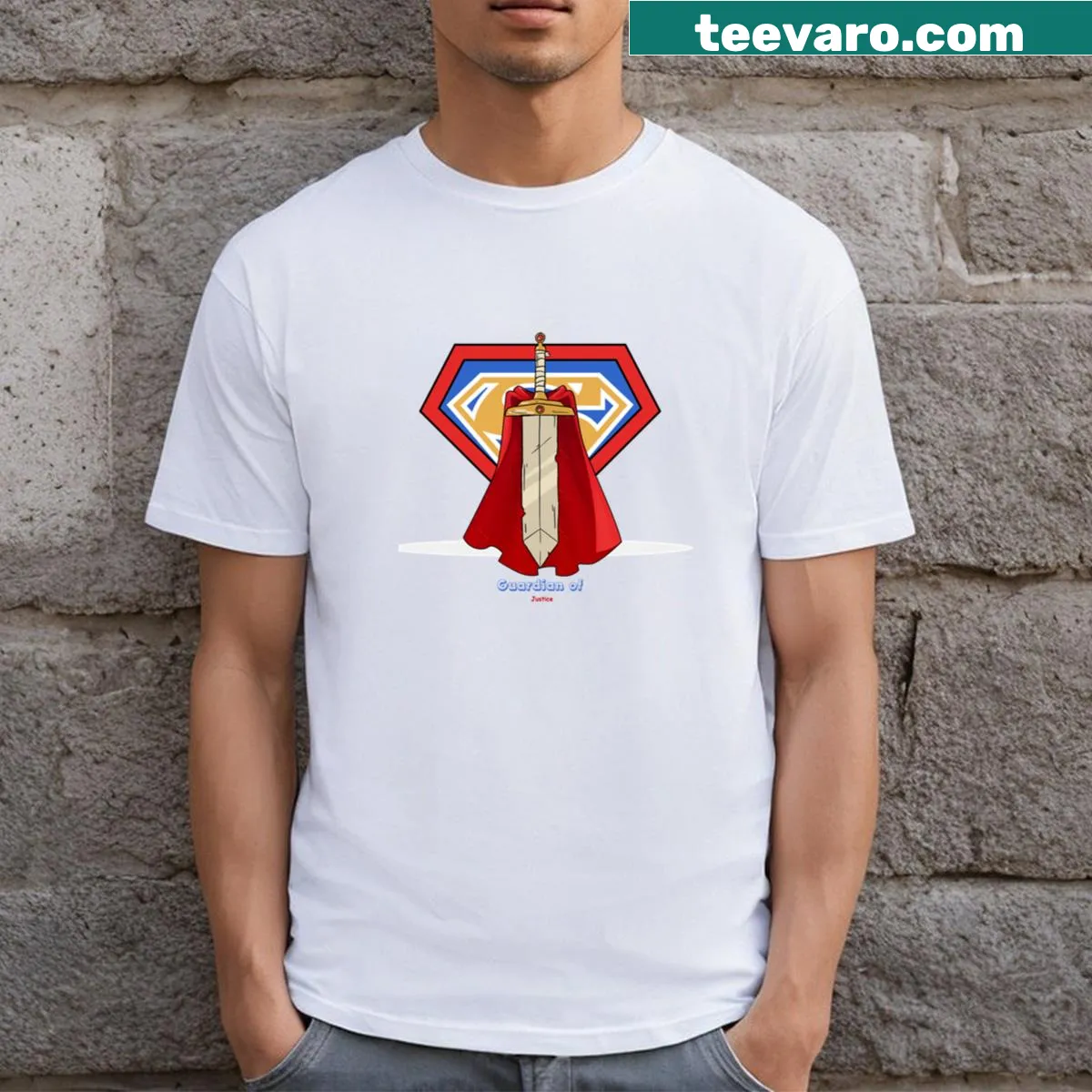 Illustrated T-shirt featuring a sword and cloak, representing justice — on a men's t-shirt