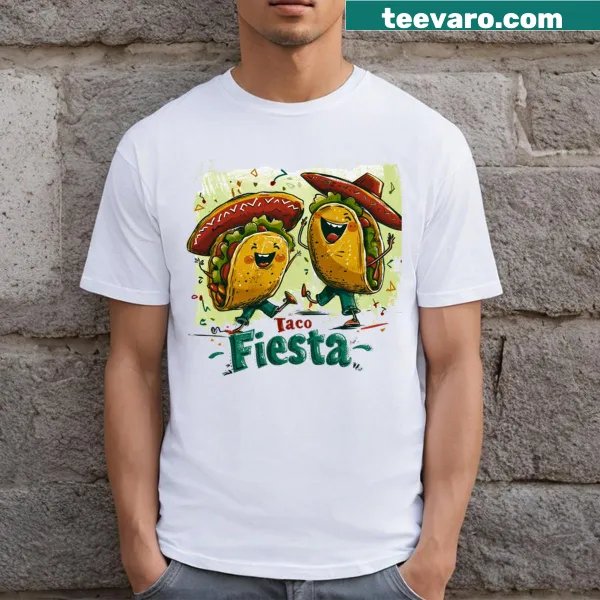 Cartoon taco dance party graphic with sombreros on a classic T-shirt