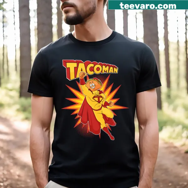 Typography design of 'Tacoman!' on a T-shirt