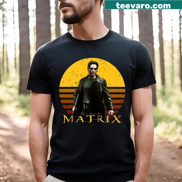 Vintage-style t-shirt featuring The Matrix movie graphics