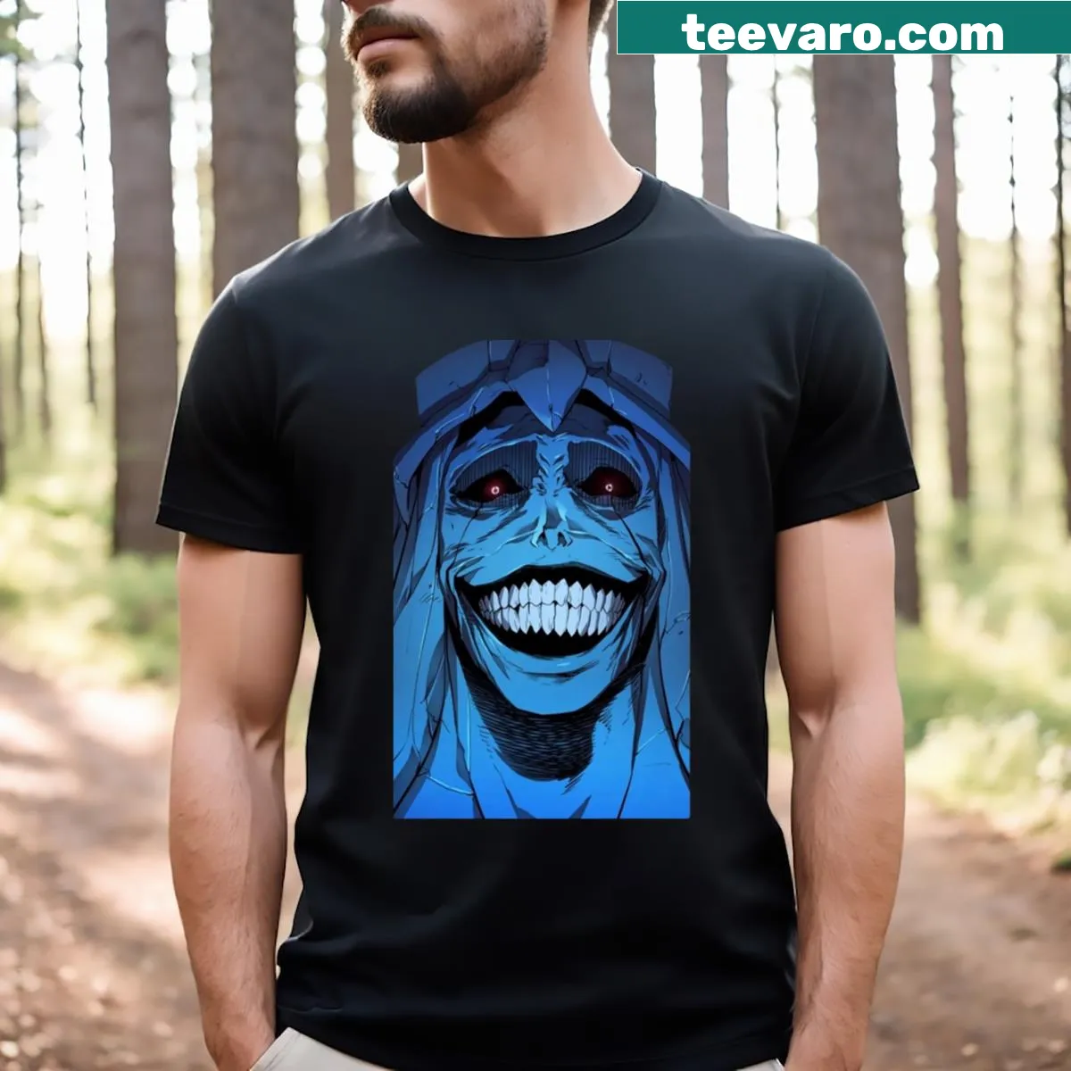T-shirt featuring a whimsical illustration of a smiling statue — on a men's t-shirt