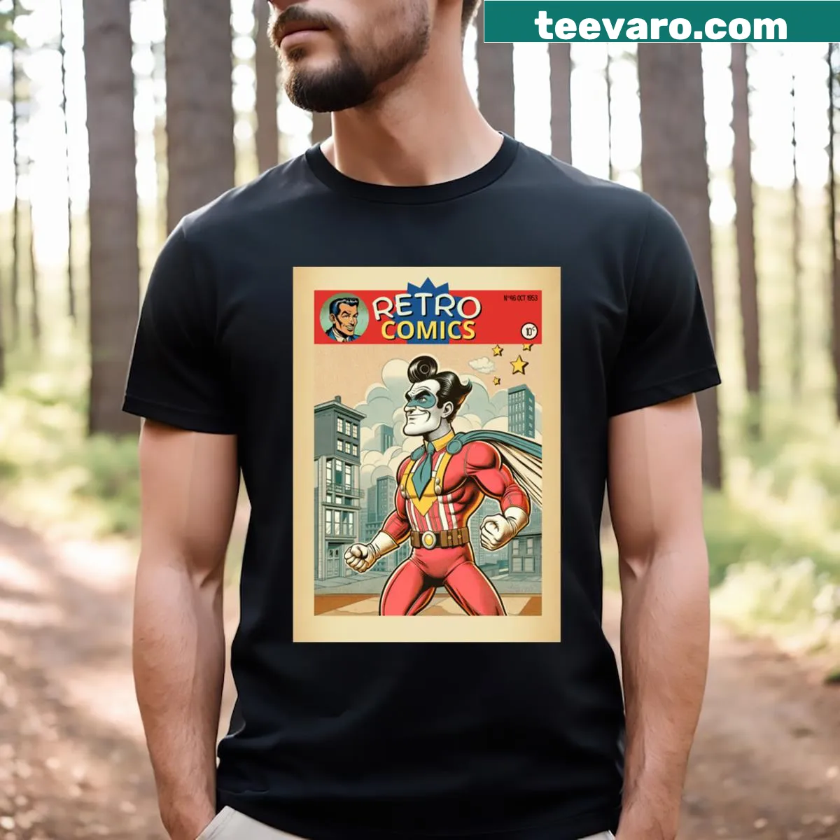 Dynamic superhero-themed t-shirt inspired by Metropolis — on a men's t-shirt