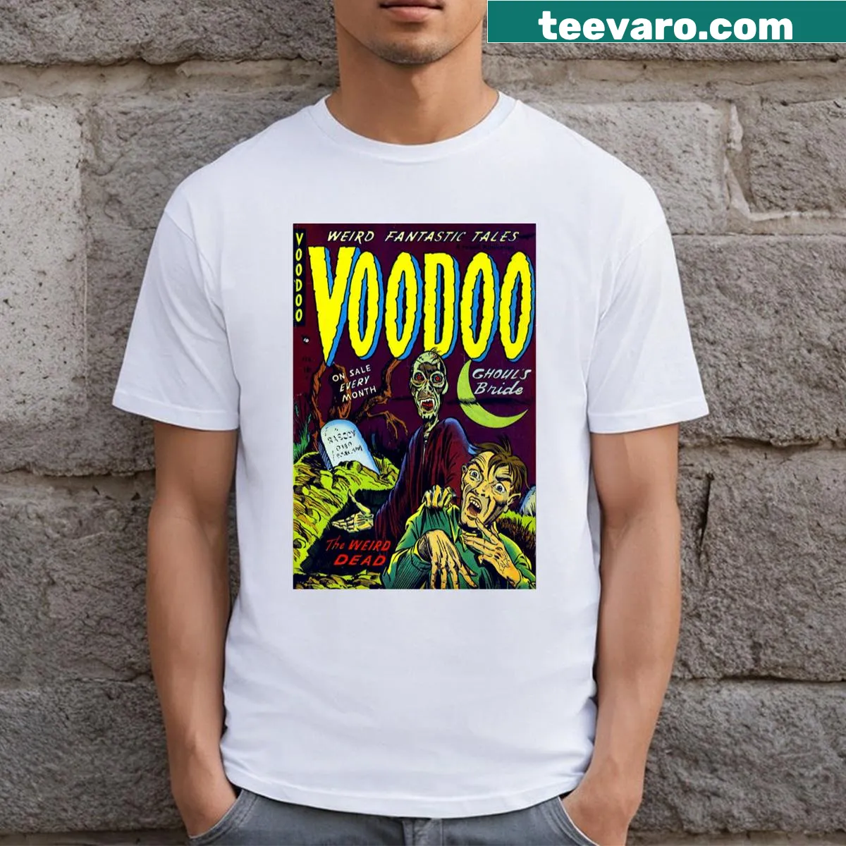 Vintage-style t-shirt featuring a spooky design about the weird and dead — on a men's t-shirt
