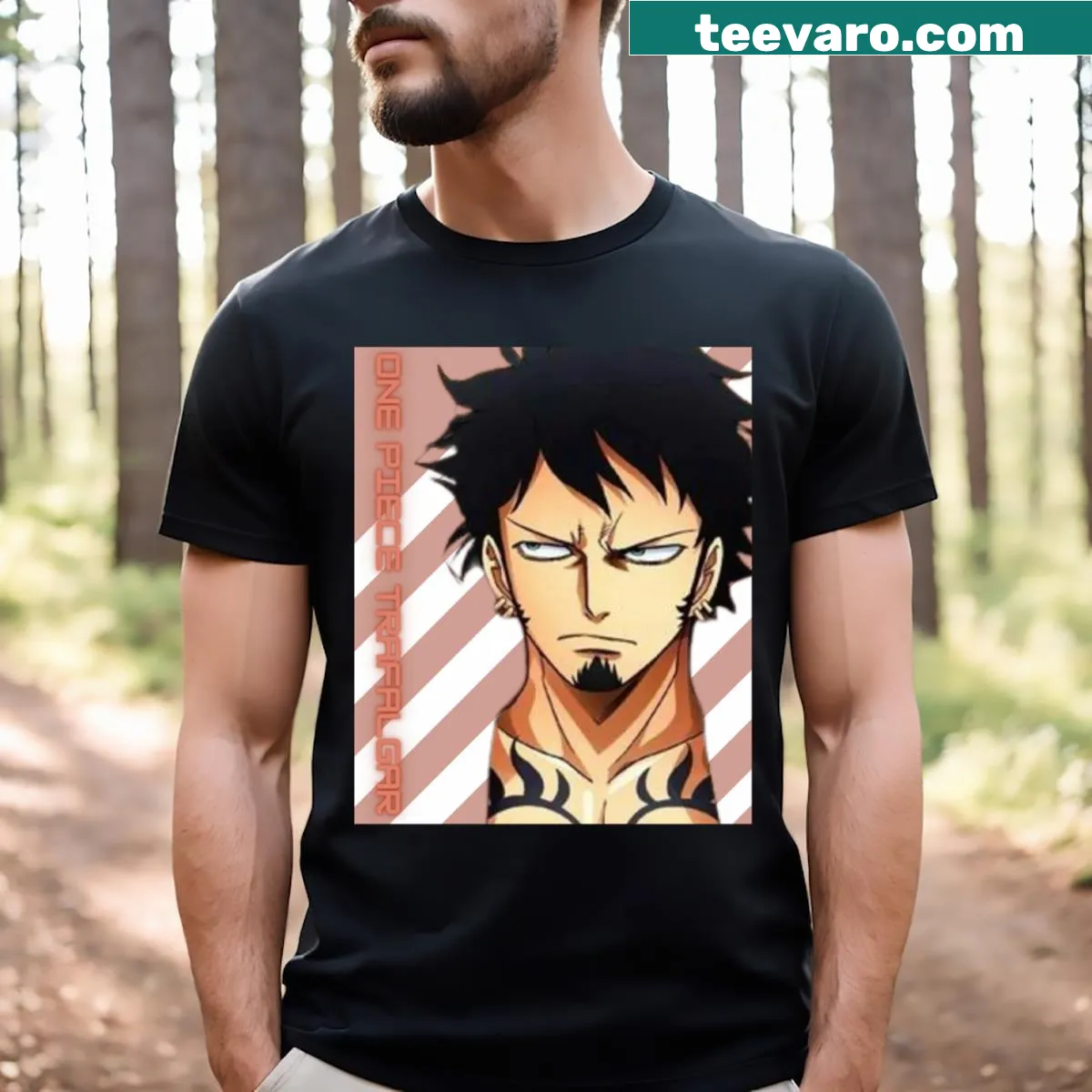 Essential T-shirt inspired by the Trafalgar character from One Piece — on a men's t-shirt