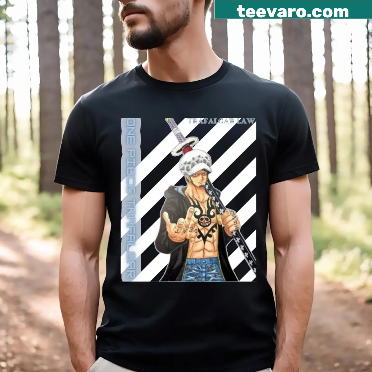 T-shirt featuring a design inspired by Trafalgar from One Piece — on a men's t-shirt
