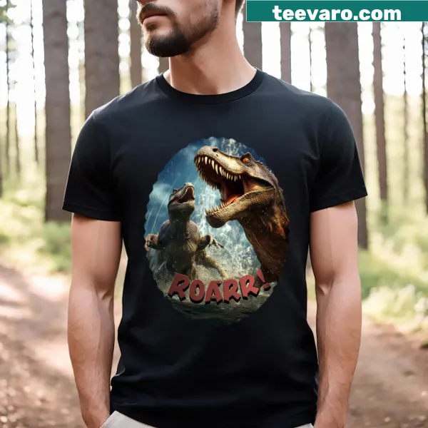 Fun T-shirt with two dinosaurs playing in water