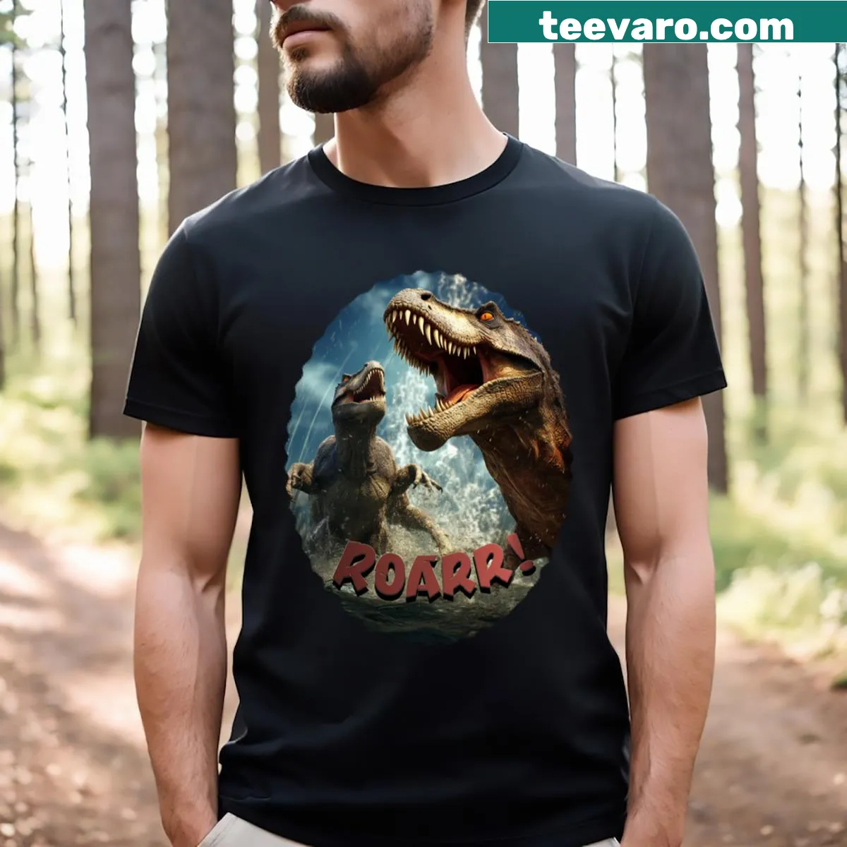 Fun T-shirt with two dinosaurs playing in water — on a men's t-shirt