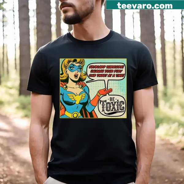 T-shirt featuring vintage comic book superheroes and keyboard warriors