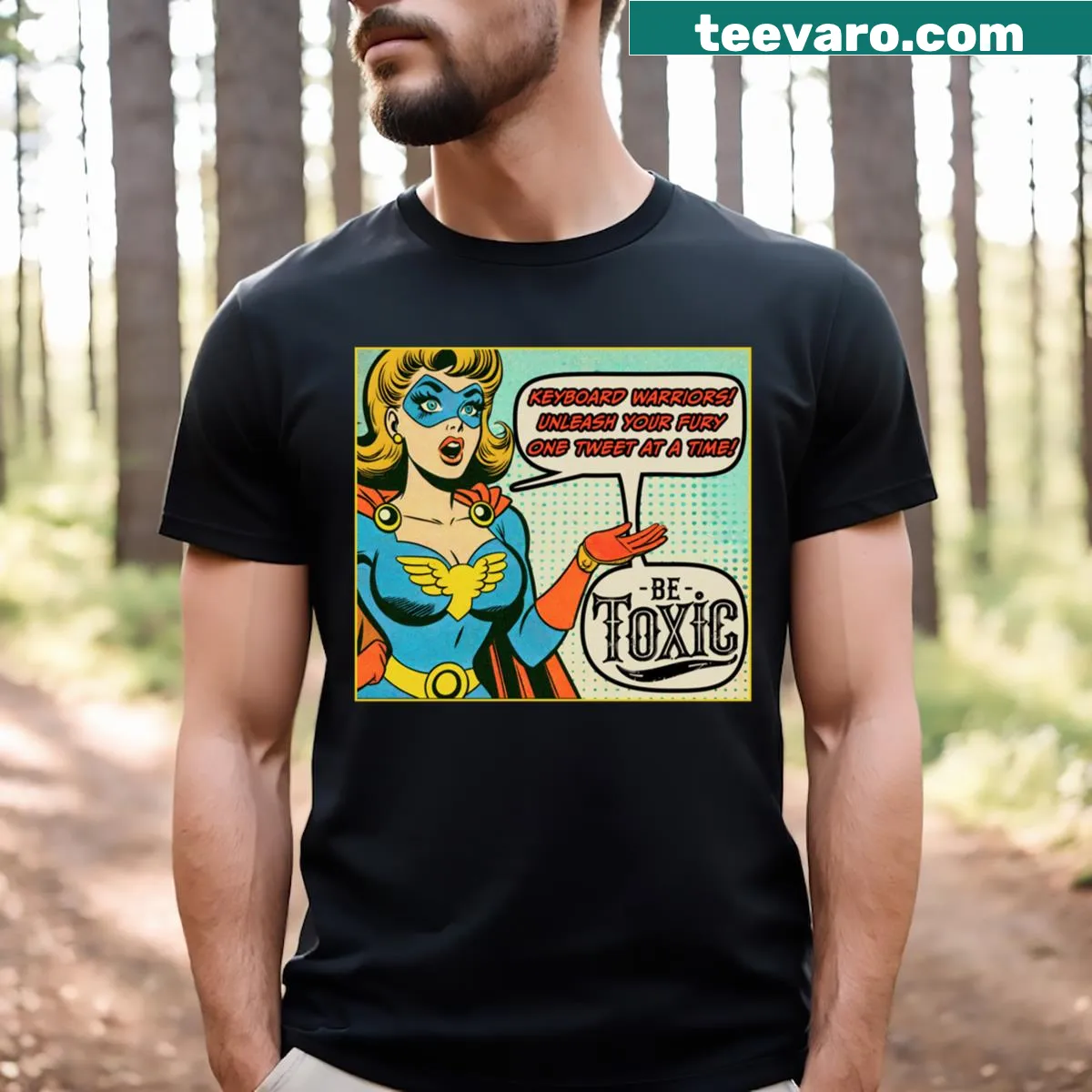 T-shirt featuring vintage comic book superheroes and keyboard warriors — on a men's t-shirt