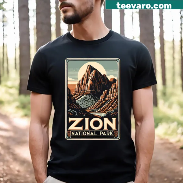 T-shirt showcasing Zion National Park rock formations at sunset