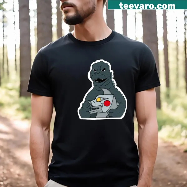 Illustration of Godzilla battling Mecha Godzilla on T-shirt