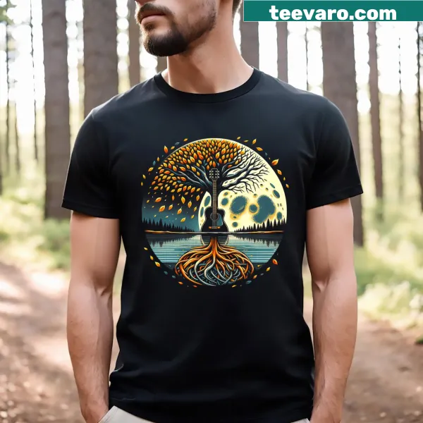 T-shirt featuring an artistic design of an acoustic guitar and tree of life