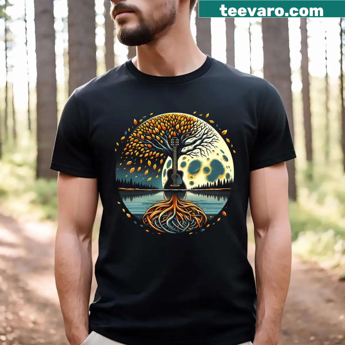 T-shirt featuring an artistic design of an acoustic guitar and tree of life — on a men's t-shirt