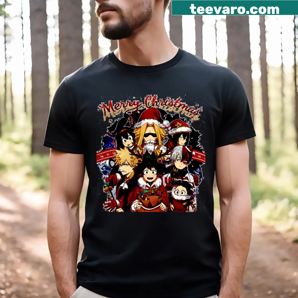 Anime Christmas T-shirt with festive character designs — on a men's t-shirt