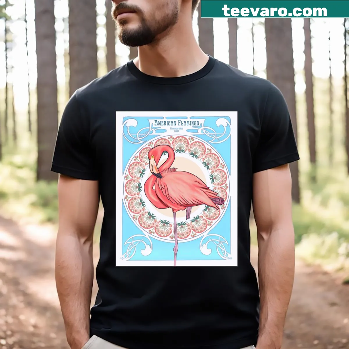 Art Nouveau inspired flamingo graphic t-shirt — on a men's t-shirt