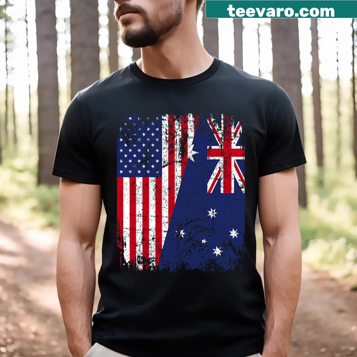 T-shirt featuring a half American flag and Australian symbols — on a men's t-shirt