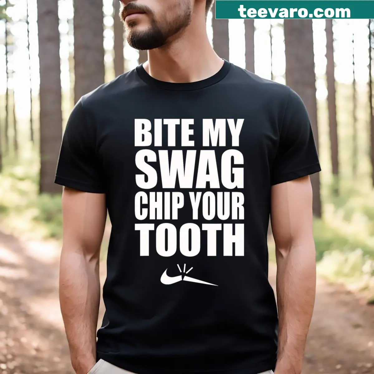 Edgy T-shirt with the text 'Bite My Swag Chip Your Tooth' — on a men's t-shirt
