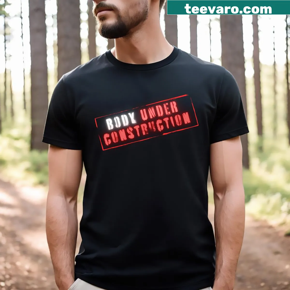 T-shirt with humorous 'Body Under Construction' graphic — on a men's t-shirt