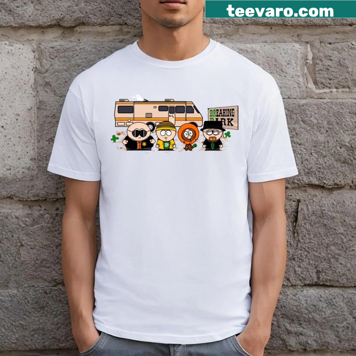 Whimsical graphic T-shirt encouraging outdoor exploration — on a men's t-shirt