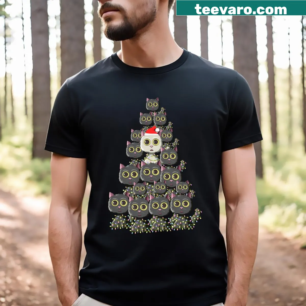 Funny Christmas shirt with cat tree and lights, vintage style — on a men's t-shirt