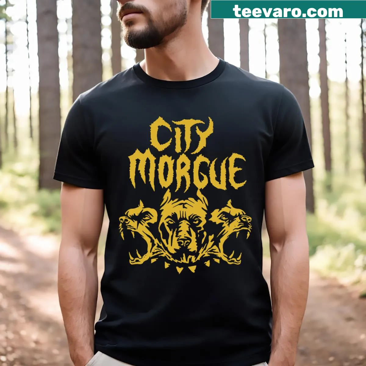 City Morgue logo in vintage distressed style on T-shirt — on a men's t-shirt