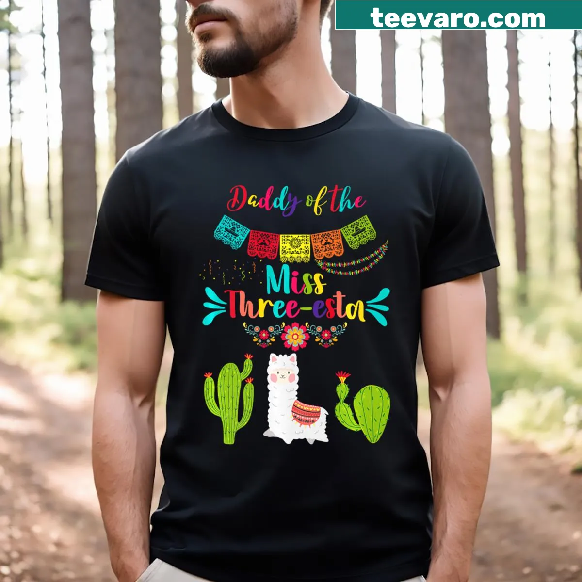 Fiesta-themed birthday T-shirt for a three-year-old girl to celebrate her special day — on a men's t-shirt