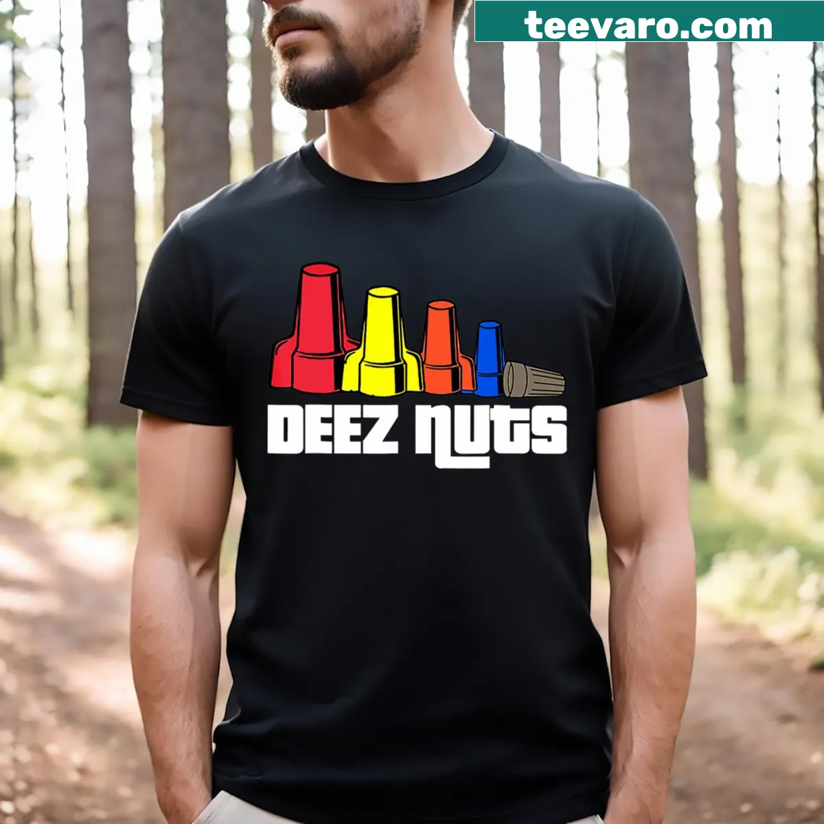 Funny electrician t-shirt featuring the phrase Deez Nuts — on a men's t-shirt