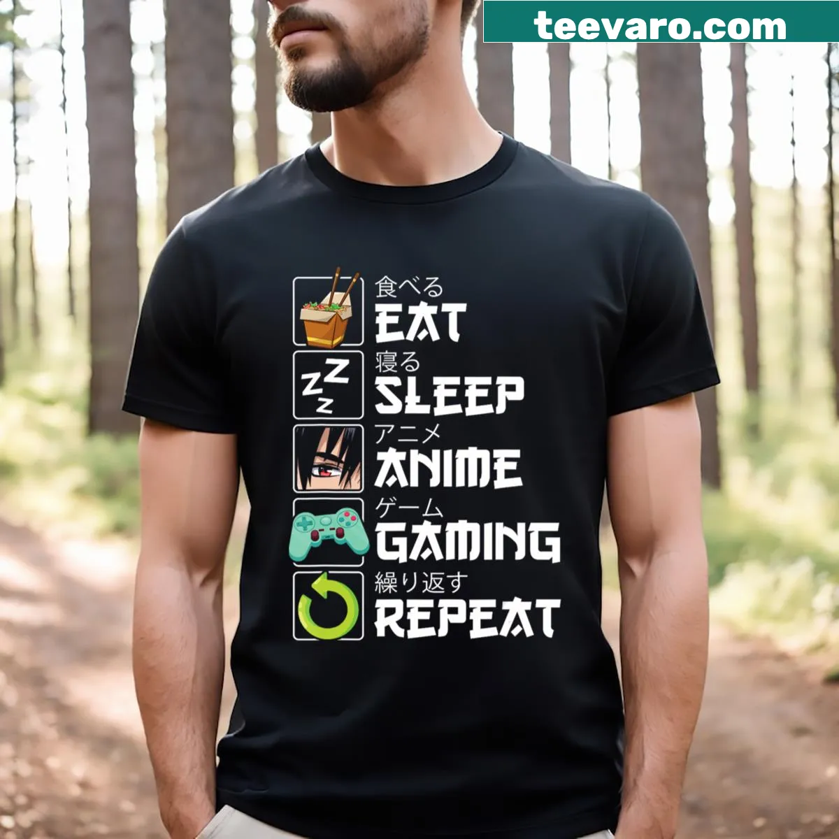Kawaii otaku t-shirt with 'Eat Sleep Anime Gaming Repeat' design — on a men's t-shirt