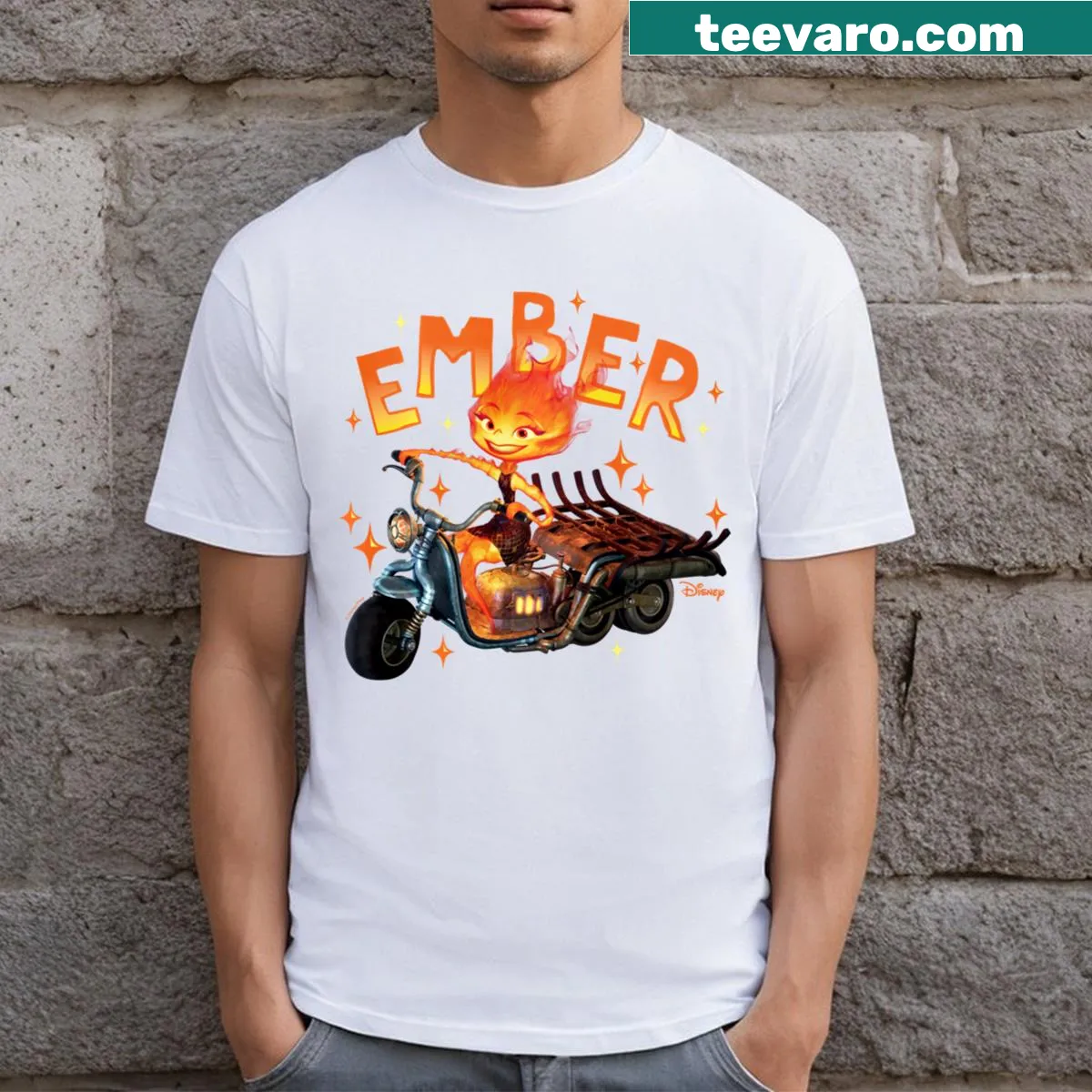 Illustration of an ember-inspired scooter design on a T-shirt — on a men's t-shirt