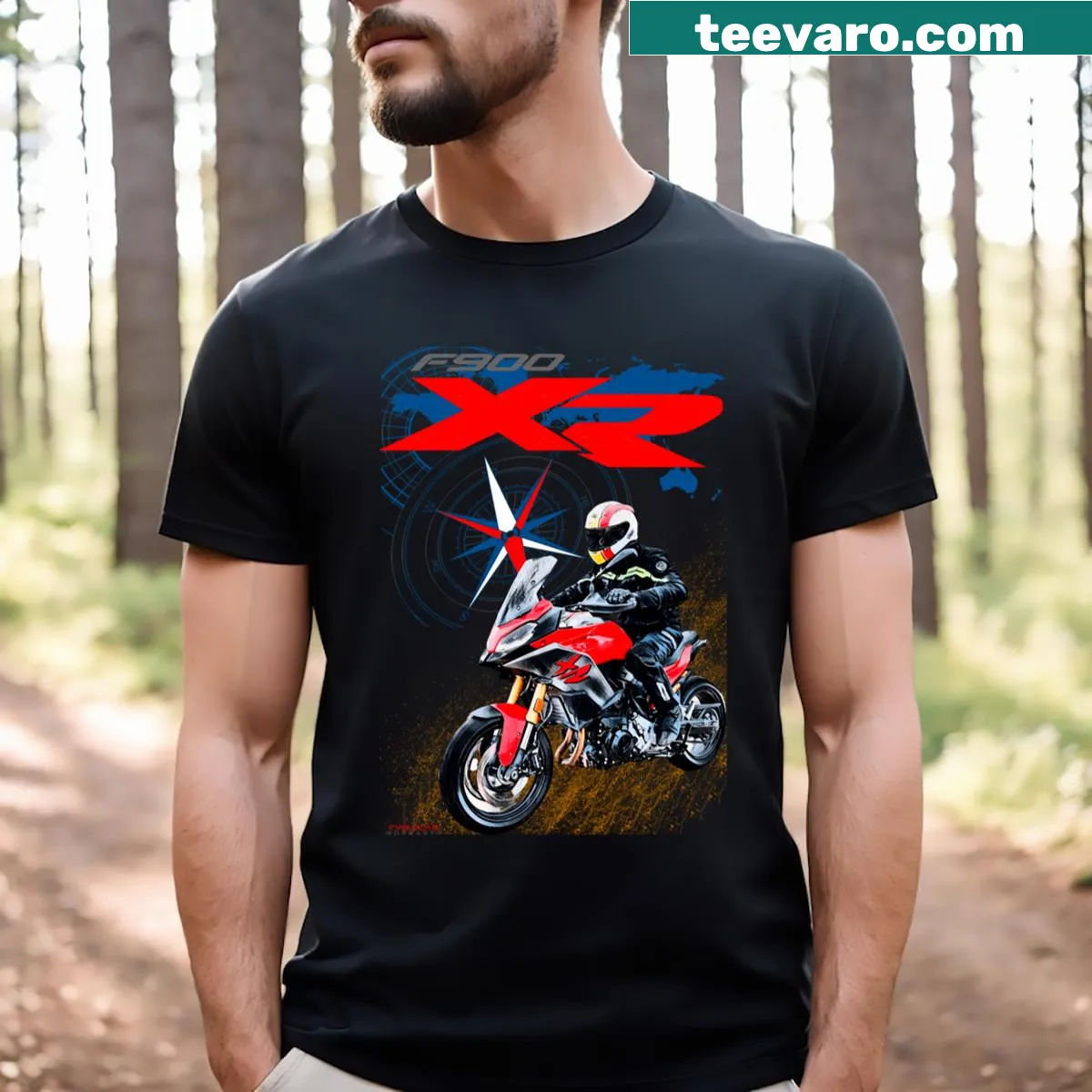 Illustrated T-shirt featuring the F900 XR motorcycle — on a men's t-shirt