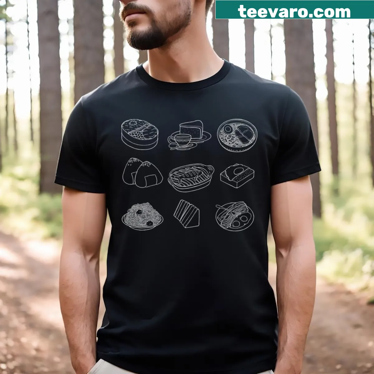 Playful Ghibli-inspired T-shirt featuring food illustrations in line-art — on a men's t-shirt