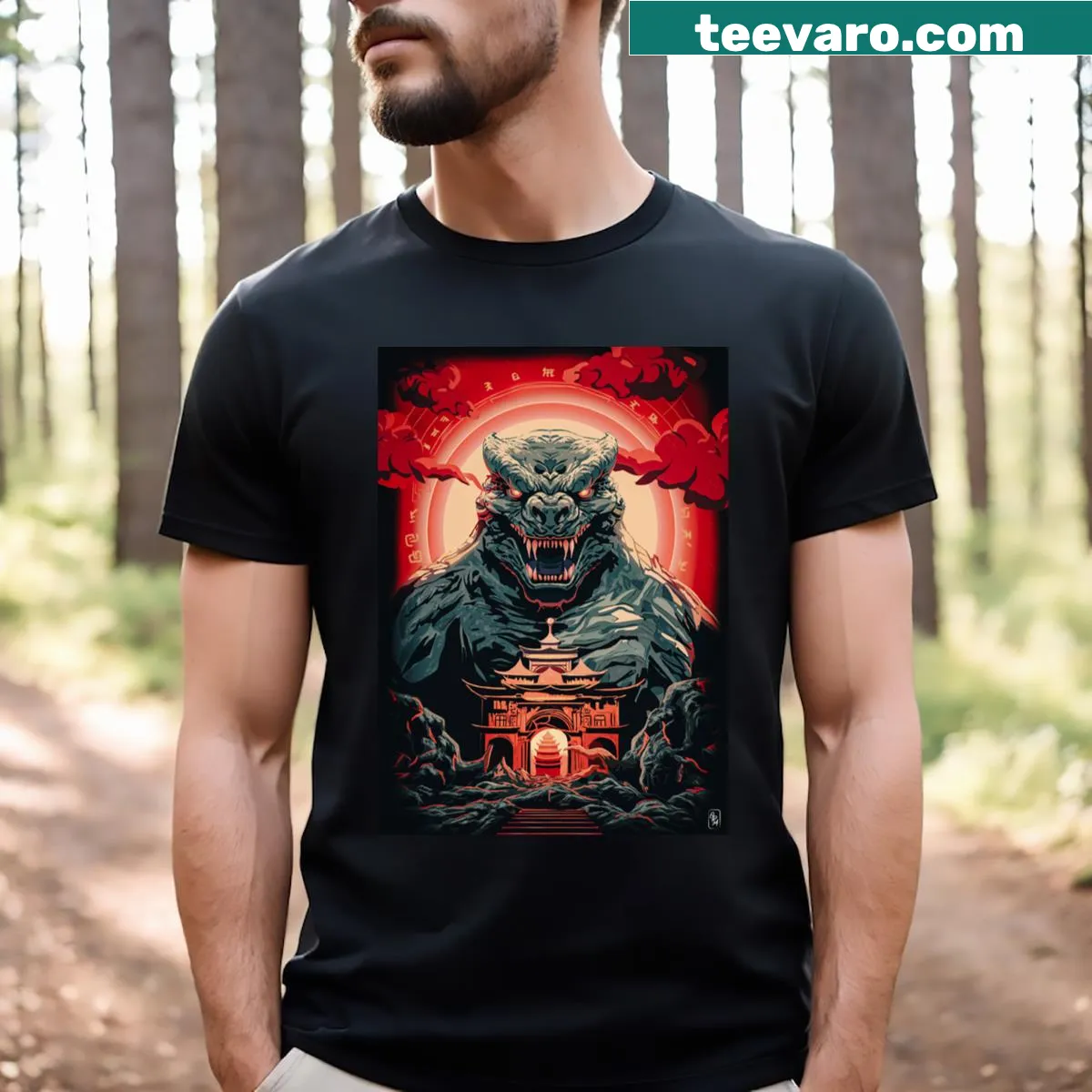 Illustration of Godzilla in a dynamic pose on a T-shirt — on a men's t-shirt