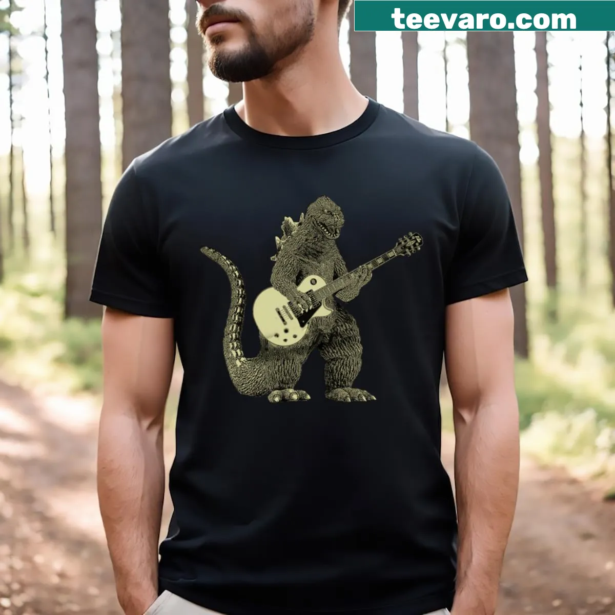 Playful T-shirt featuring Godzilla playing guitar — on a men's t-shirt