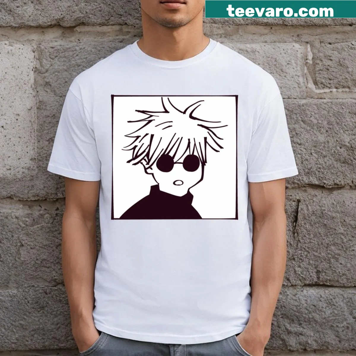Chibi-style illustration of Gojo Satoru on a T-shirt — on a men's t-shirt