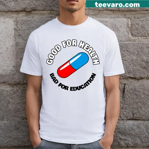 Anime-inspired t-shirt with a pill graphic and humorous text