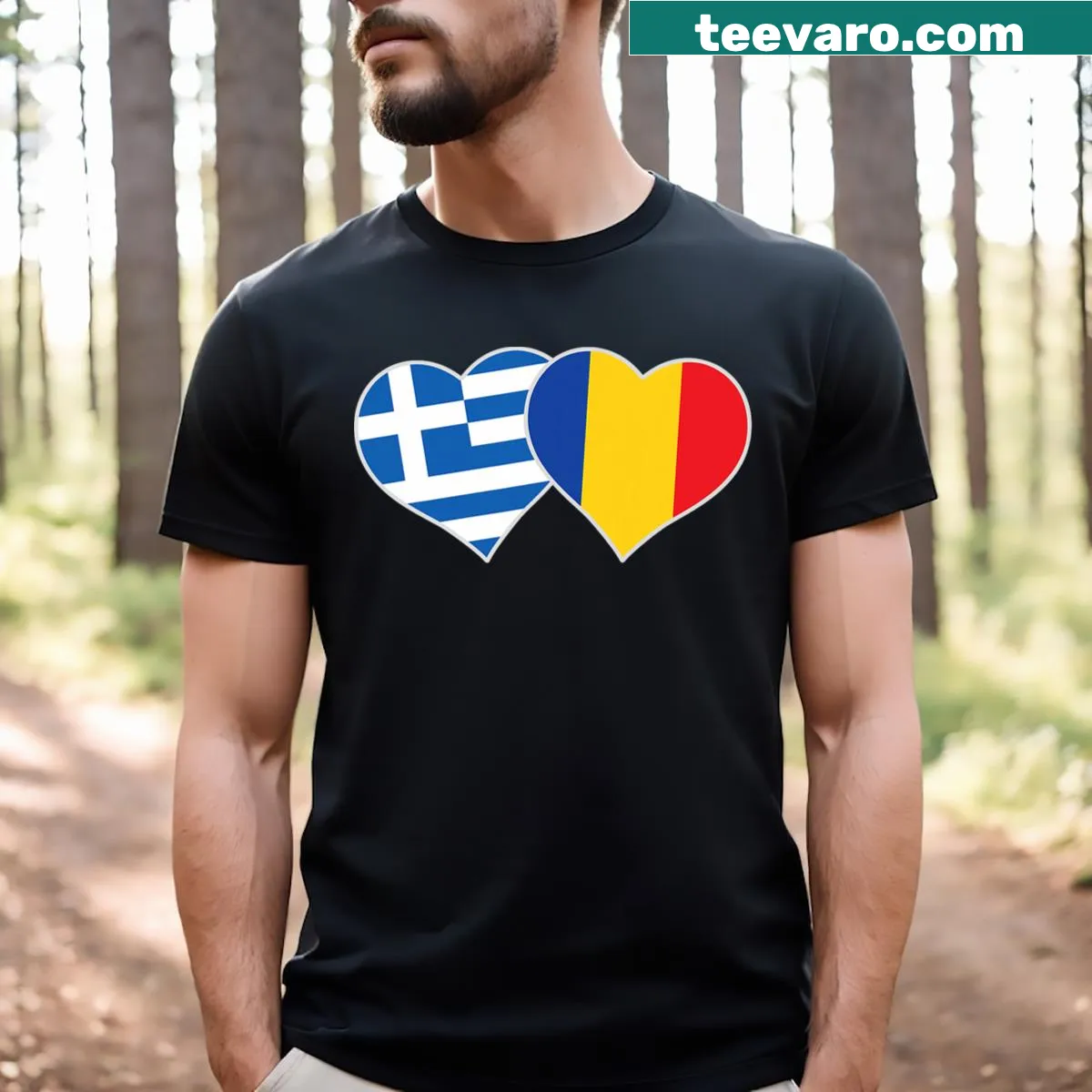 Heart design combining Greek and Romanian flags — on a men's t-shirt