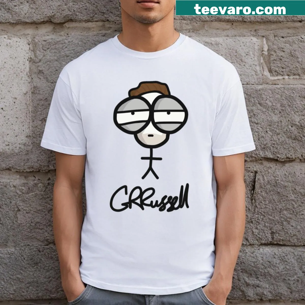 Minimalist t-shirt featuring the Grrussell logo — on a men's t-shirt