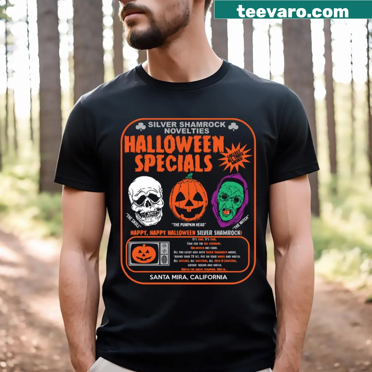 Vintage-style Halloween T-shirt with witch-themed graphics — on a men's t-shirt