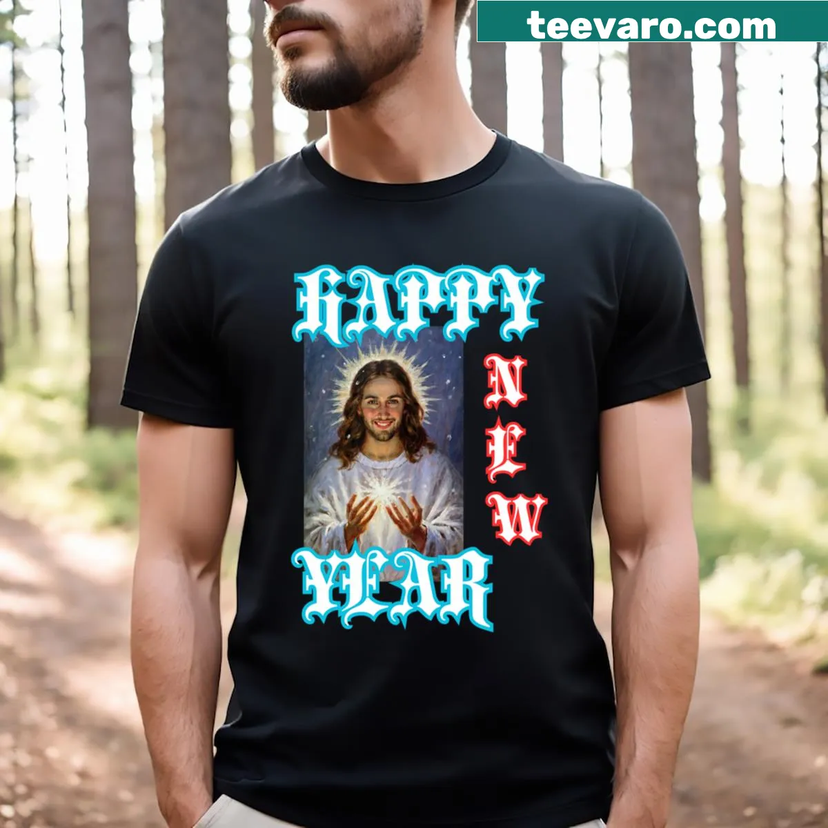 Happy New Year 2024 Christian t-shirt with uplifting design — on a men's t-shirt