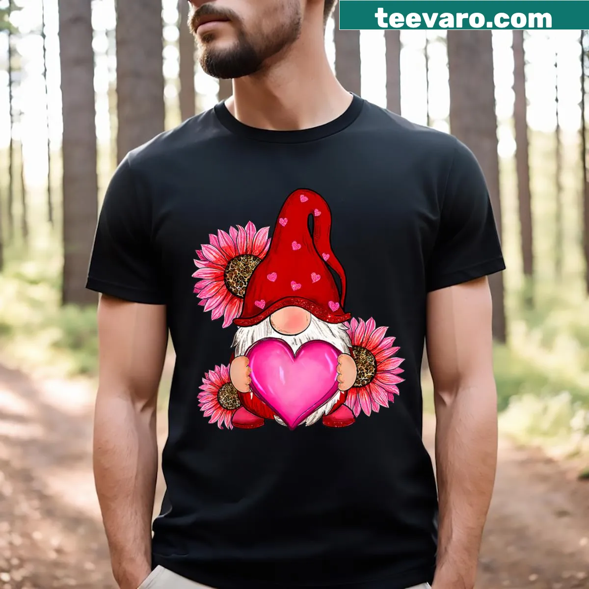 Cute Valentine's Day T-shirt with gnome and sunflower design — on a men's t-shirt
