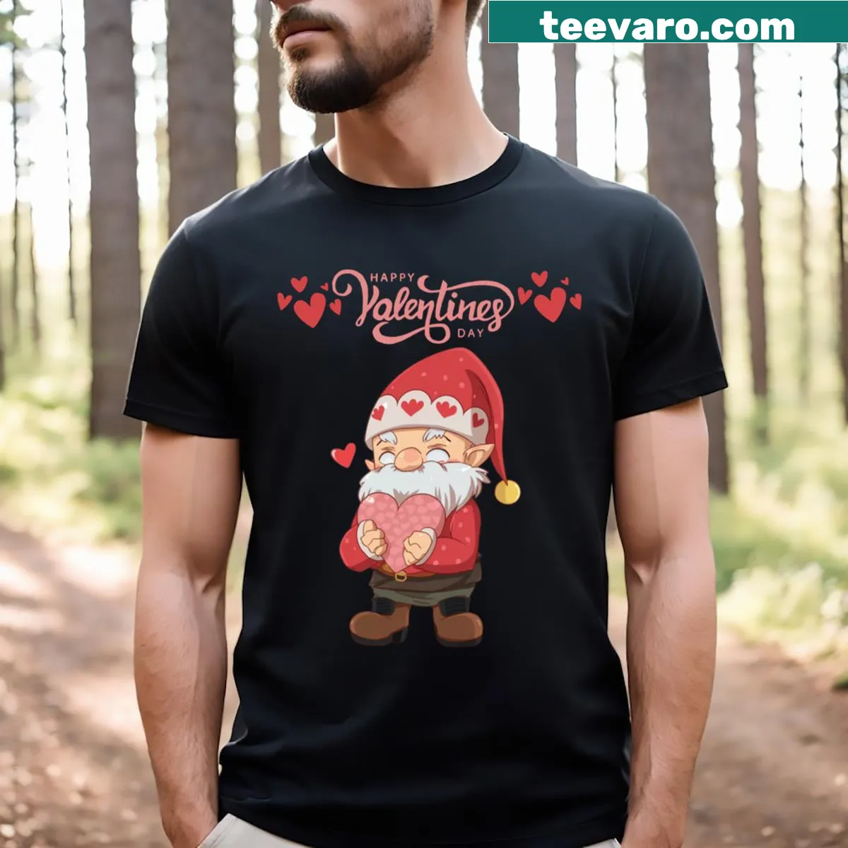 Valentine's Day T-shirt featuring whimsical gnomes and hearts — on a men's t-shirt